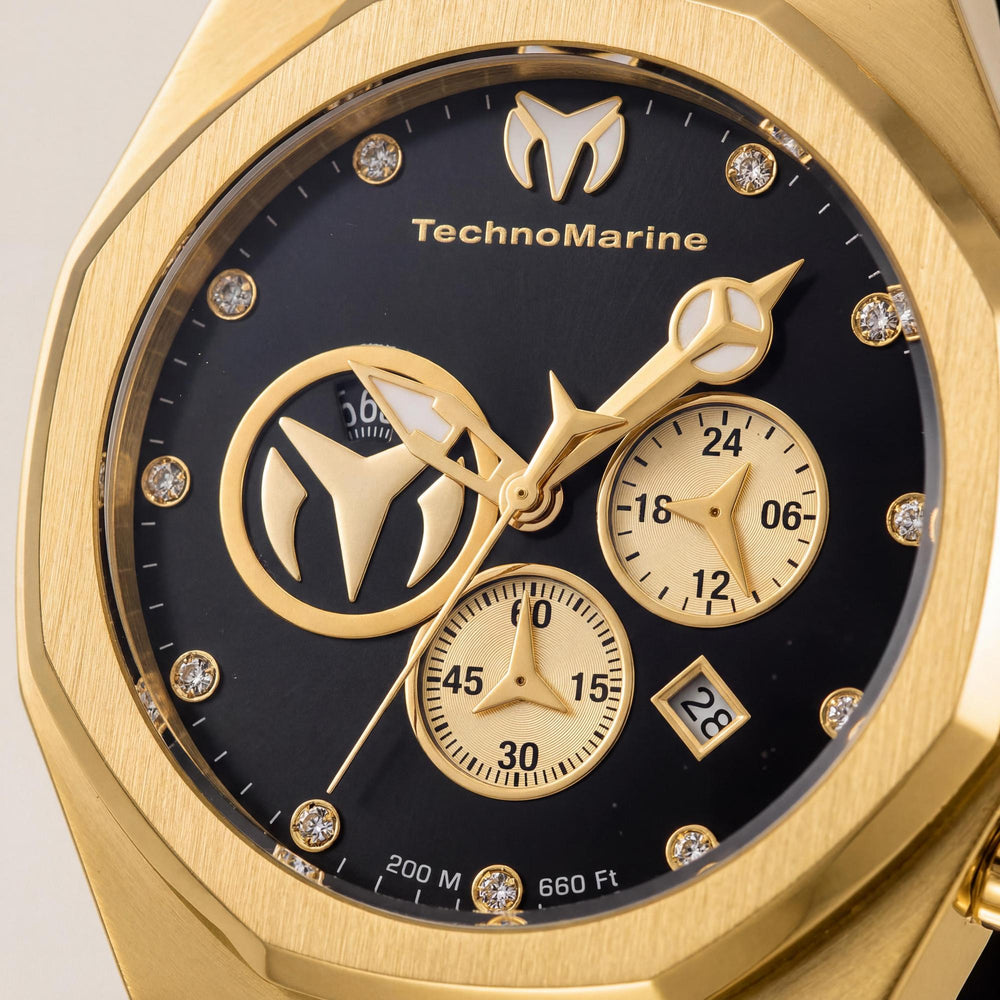 Reloj de cuarzo TechnoMarine Reef TM-520002 para hombre, de acero inoxidable negro de 45 mm, con segundero y resistente al agua hasta 20 ATM.