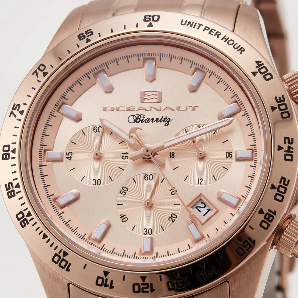 Reloj Oceanaut de cuarzo para hombre, acero inoxidable en oro rosa, esfera amarilla, resistente al agua