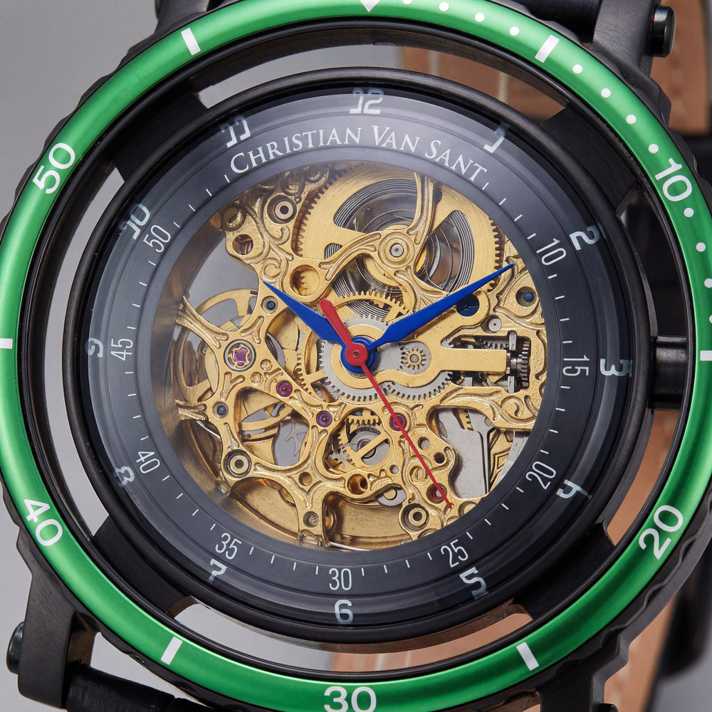Christian Van Sant CV0745 Men’s Casual Black Stainless Steel Watch, Gold Skeleton Dial, Timer, Slide-Rule, 45mm Case