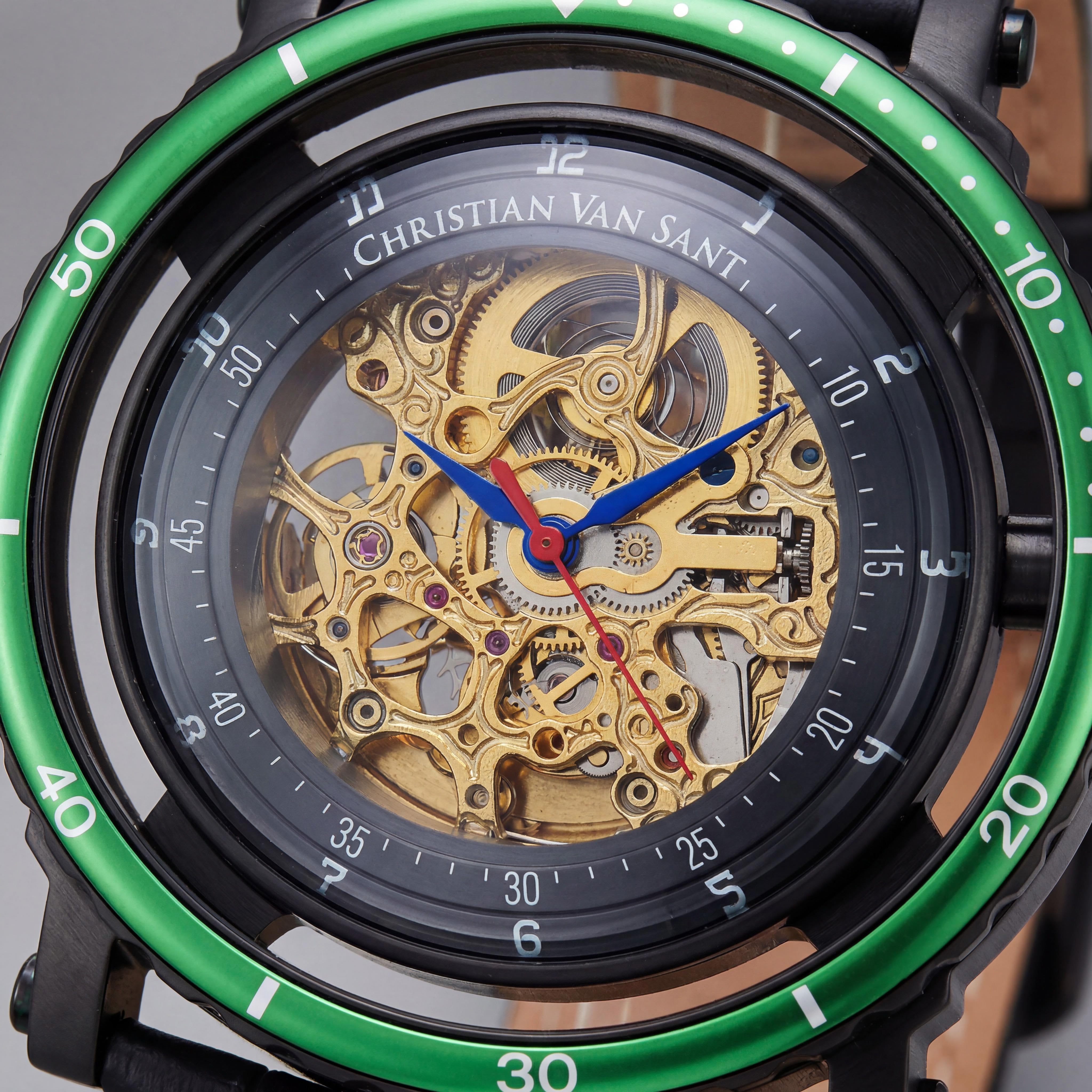 Reloj Christian Van Sant informal de acero inoxidable negro para hombre, esfera esqueleto dorada, cronómetro, regla de cálculo, caja de 45 mm, Photo 2