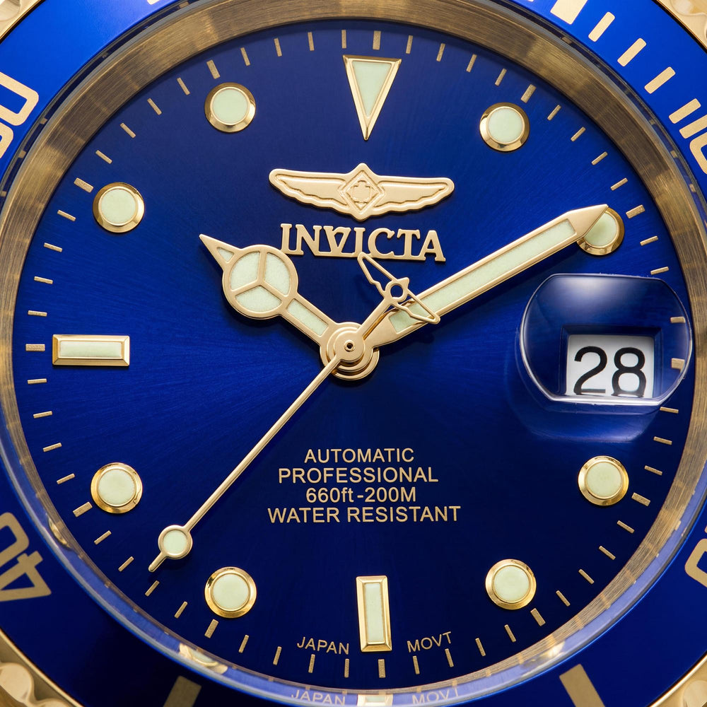 Invicta Pro Diver Automatic Men's Stainless Steel Gold-Tone Bracelet Watch, Blue Dial, 40mm, Glow In The Dark