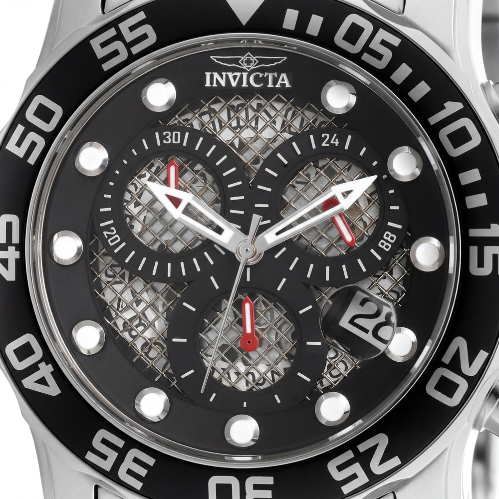 Invicta 19836 Pro Diver Reloj Cronógrafo para Hombre con Caja y Brazalete de Acero Inoxidable Plateado, Esfera Negra, Bisel Giratorio, 49mm