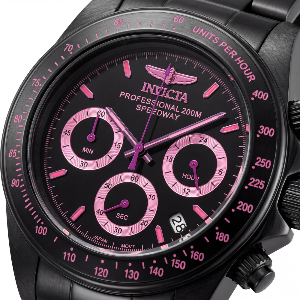 Invicta 27773 Speedway Collection Pulsera Reloj Unisex, Caja de Acero Inoxidable de 39.5mm, Dial Negro, Cronógrafo, Brilla en la Oscuridad