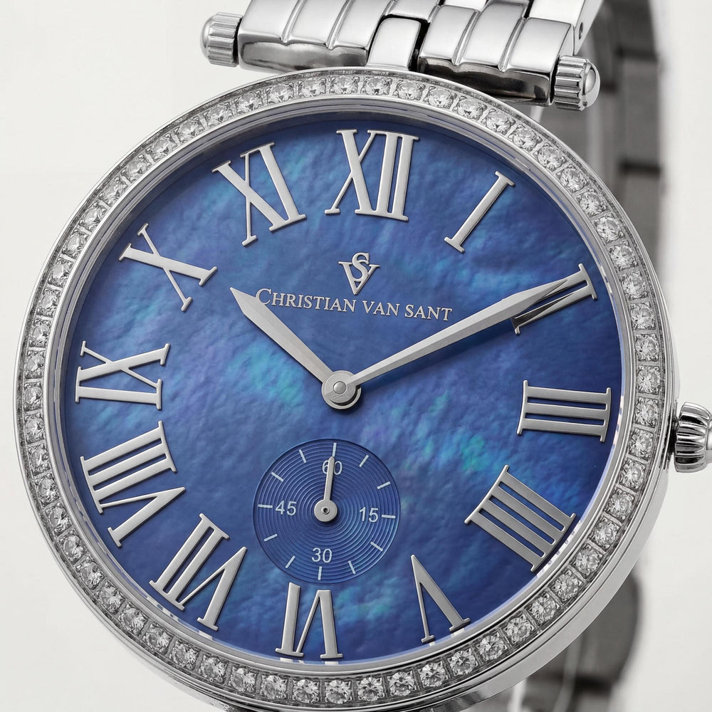 Reloj Christian Van Sant para mujer, de acero inoxidable, resistente al agua, con movimiento de cuarzo, caja color blanco roto y esfera de nácar azul.
