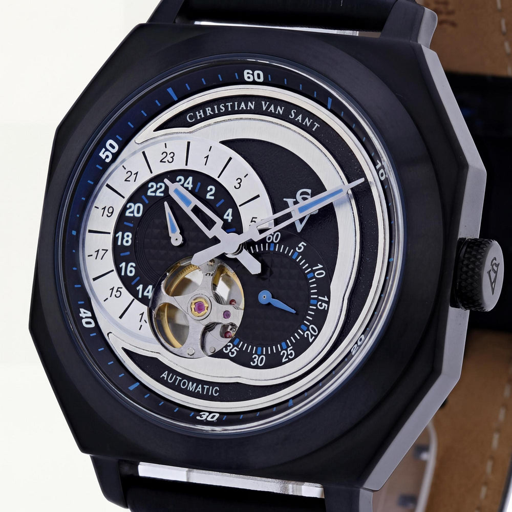 Christian Van Sant Modern Men's Automatic Multifunction Watch with Black Case, Black Dial, Scratch-Resistant Mineral Crystal