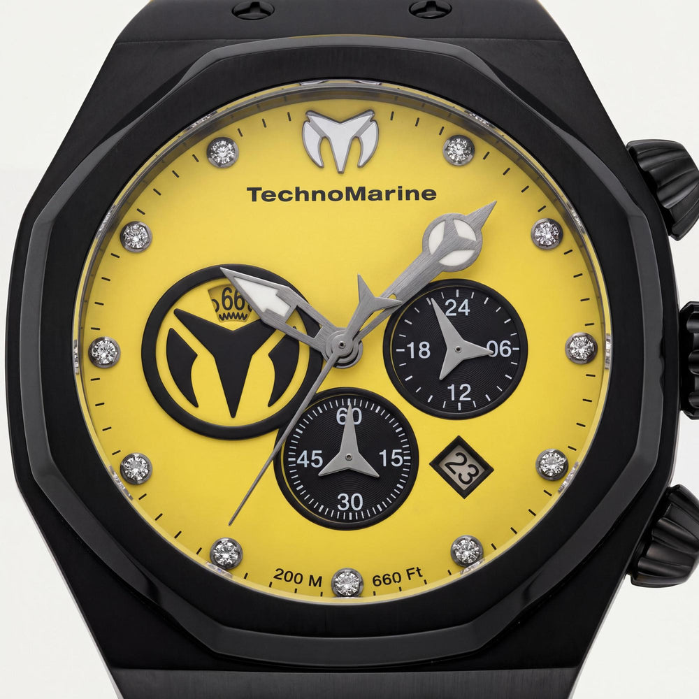 TechnoMarine Reef - Sun TM-523002 Reloj cronógrafo de cuarzo para hombre, caja negra, correa de silicona amarilla, 45 mm