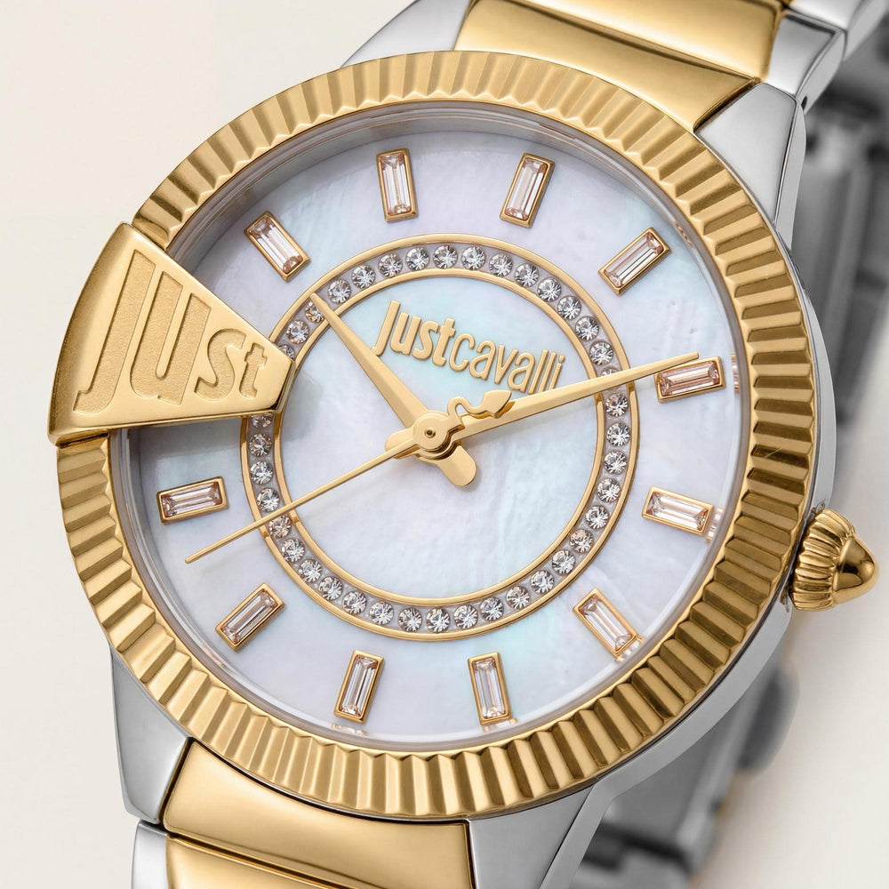 Reloj Just Cavalli para mujer, de acero inoxidable, con pulsera bicolor, dorado y plateado, esfera blanca y resistente al agua hasta 50 m.