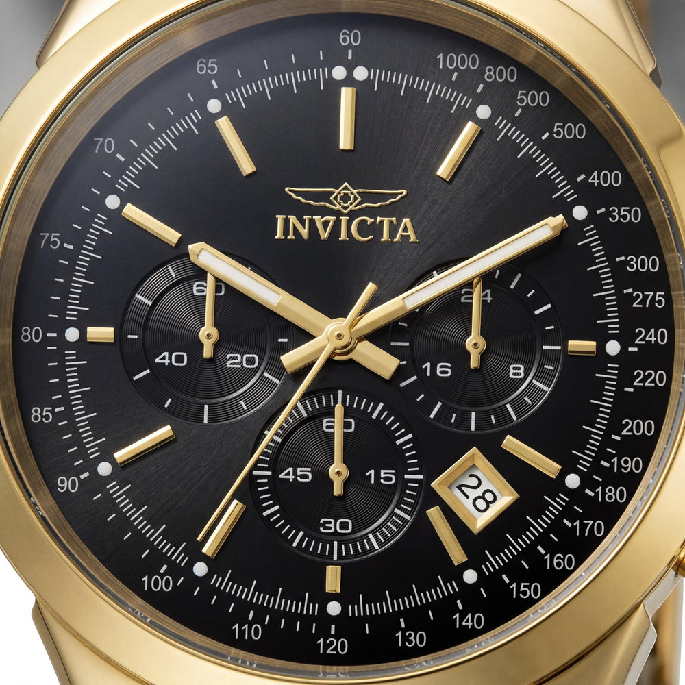 Invicta Men's Quartz Watch Gold Tone Stainless Steel Black Dial Chronograph Water Resistant 45mm