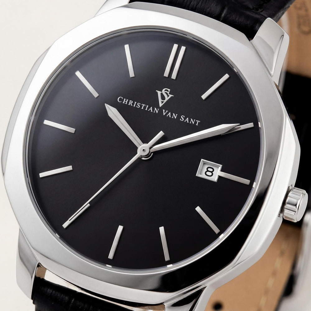 Reloj de cuarzo Christian Van Sant CV0530 para hombre, con caja de acero inoxidable negro, correa de cuero y esfera plateada, resistente a los golpes.