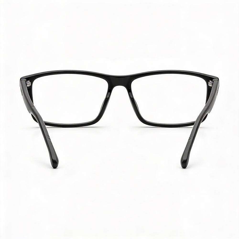 Gafas graduadas unisex Carrera 8865 con logotipo metálico distintivo, montura de plástico negra y lentes de 55 mm de ancho.