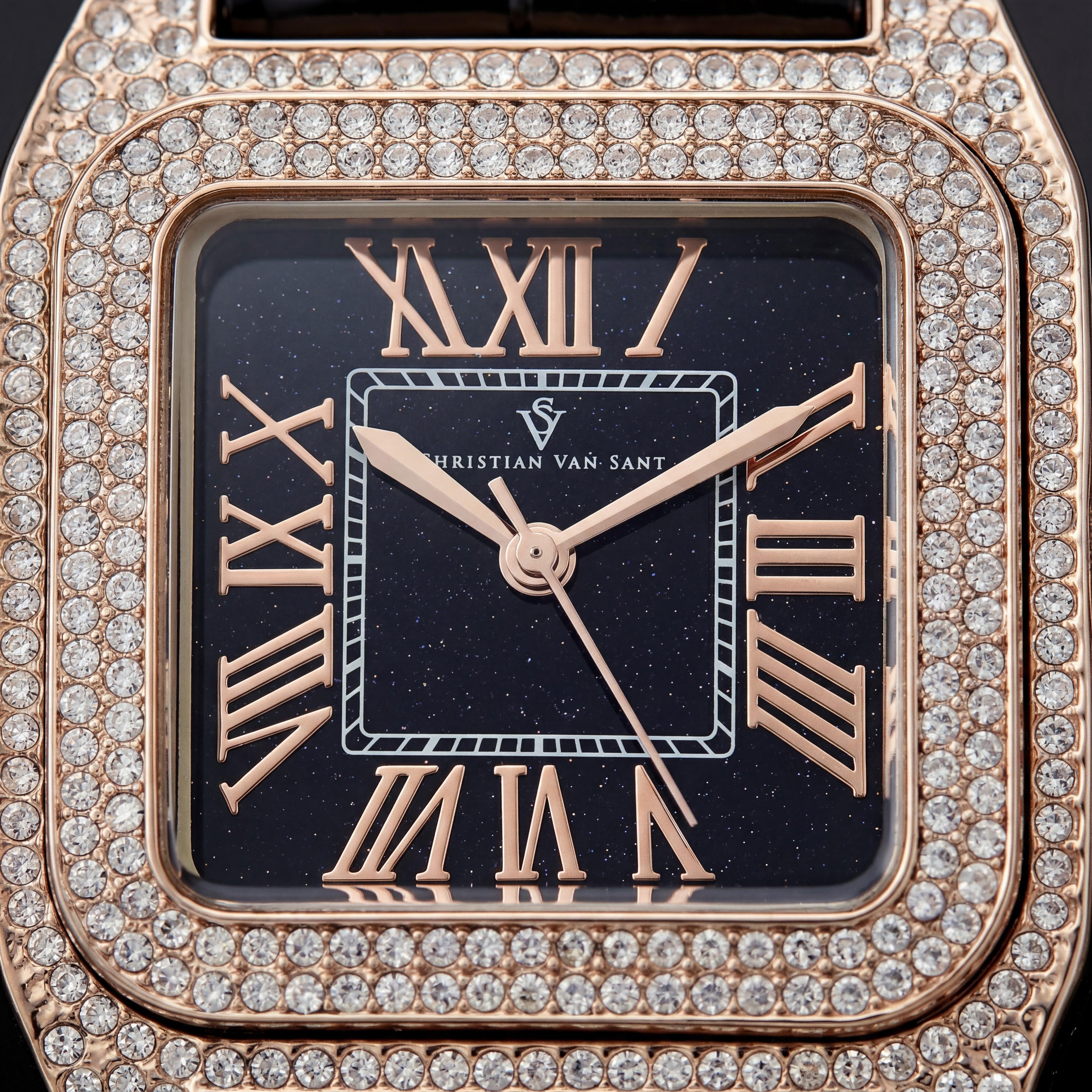 Christian Van Sant CV4425 Quartz Movement Women's Watch with Crystals on Bezel, Black Brass Case, Black Dial, Leather Strap, Photo 2