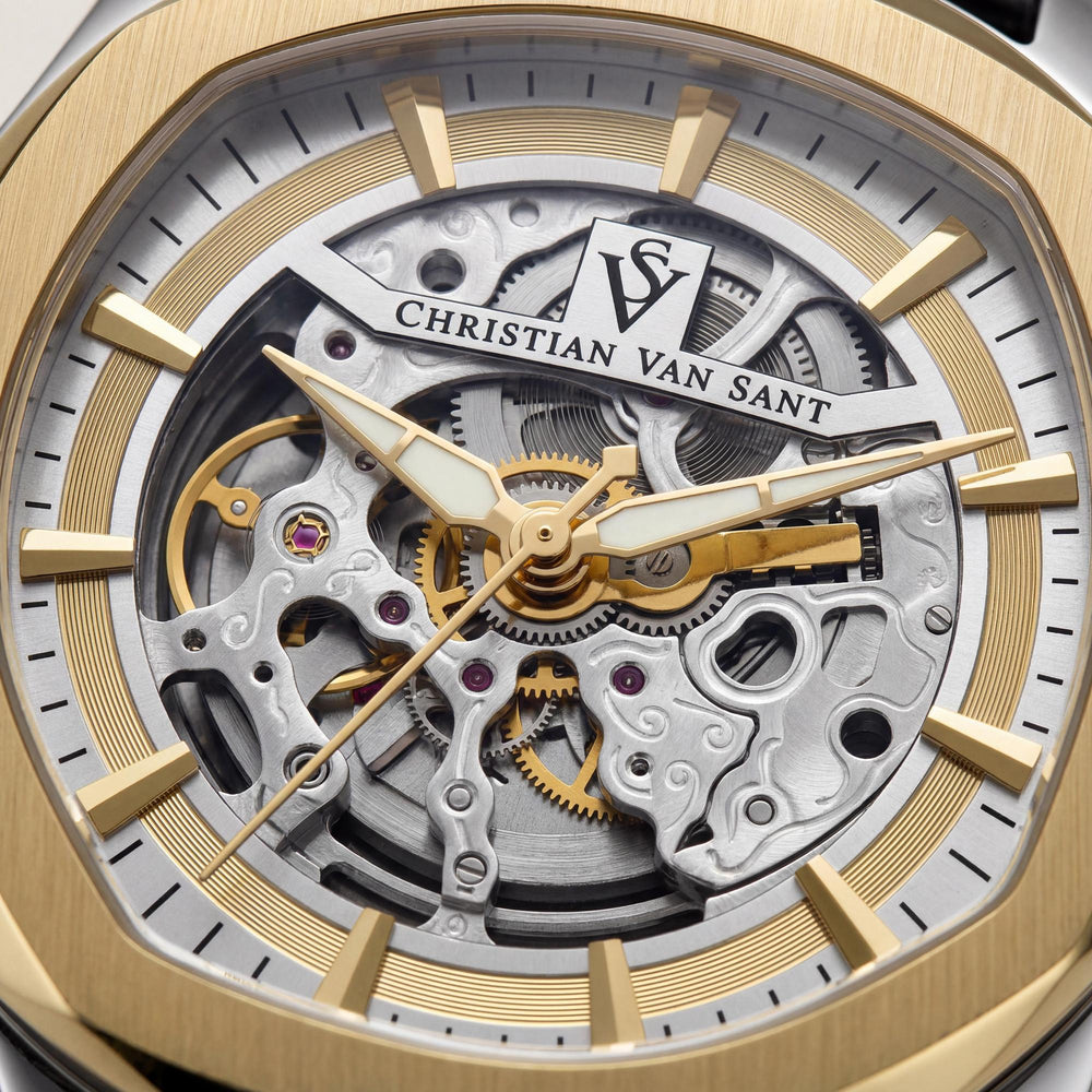 Christian Van Sant Men's Modern Automatic Gold Dial, Stainless Steel Case, Leather Strap, 50m Water Resistant Watch