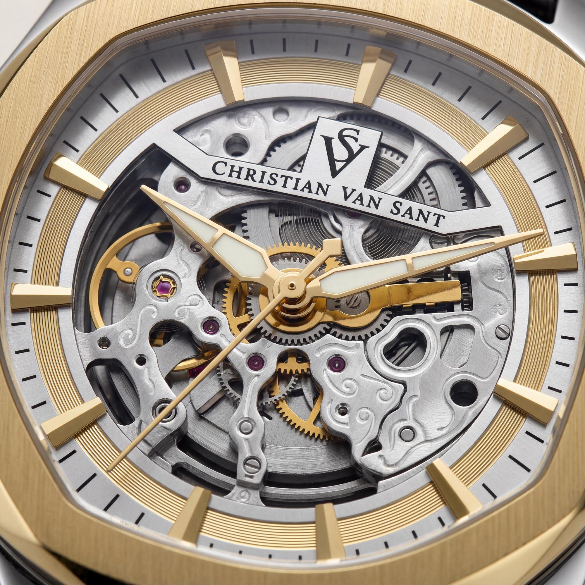 Christian Van Sant Men's Modern Automatic Gold Dial, Stainless Steel Case, Leather Strap, 50m Water Resistant Watch, Photo 2