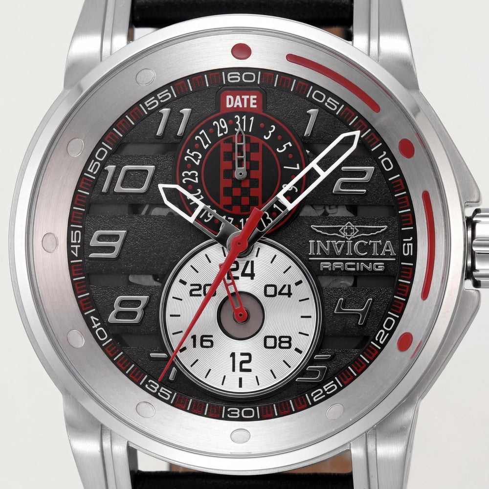 Reloj Invicta Racing 47533 para hombre, de acero inoxidable, piel, resistente al agua, esfera negra, plateada y roja, 46 mm