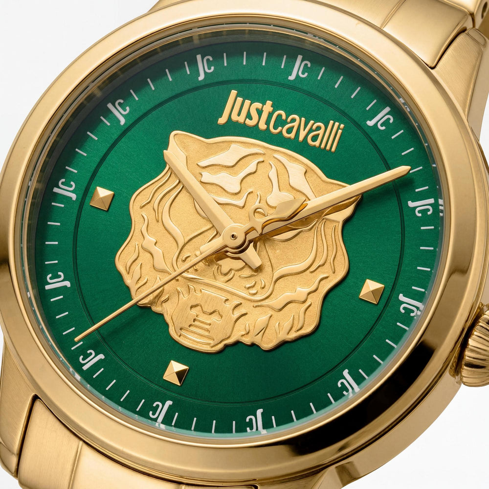 Reloj de cuarzo para mujer Just Cavalli con pulsera, esfera verde botella, acero inoxidable en oro amarillo de 30 mm