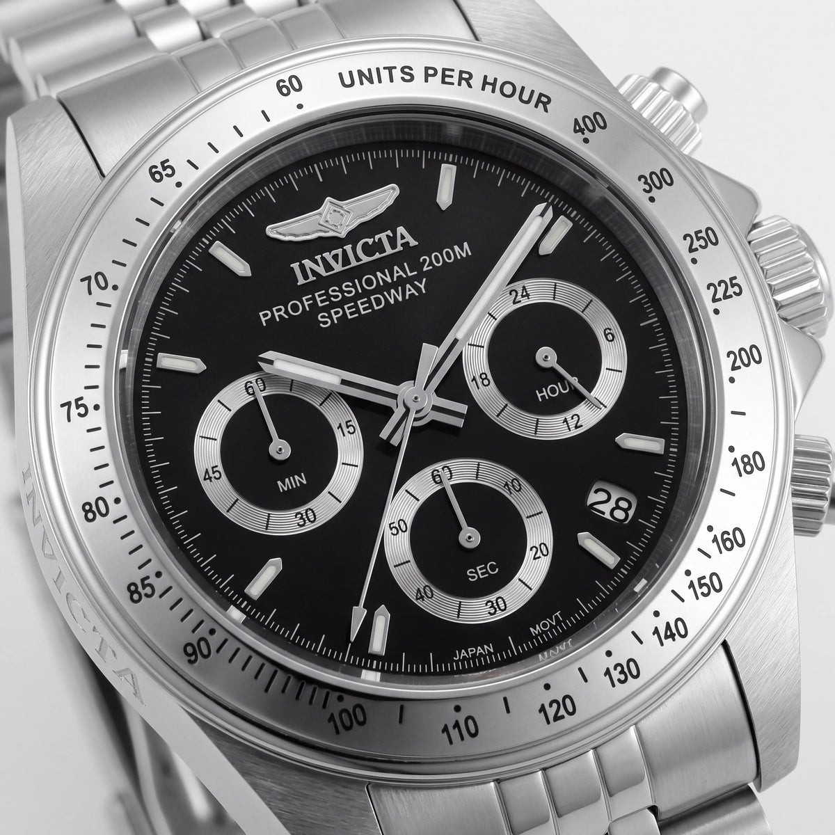 Invicta Speedway 30989 Unisex Chronograph Quartz Silver Stainless Steel Bracelet Watch, Black Dial, 39mm, Photo 2