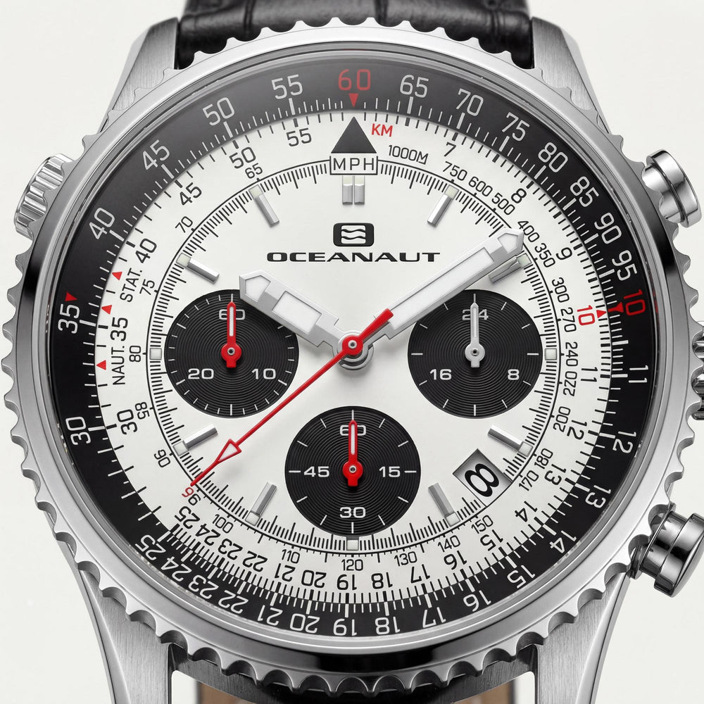 Reloj cronógrafo de cuarzo de acero inoxidable para hombre con correa Oceanaut, esfera plateada, correa de piel, resistente al agua 10 ATM