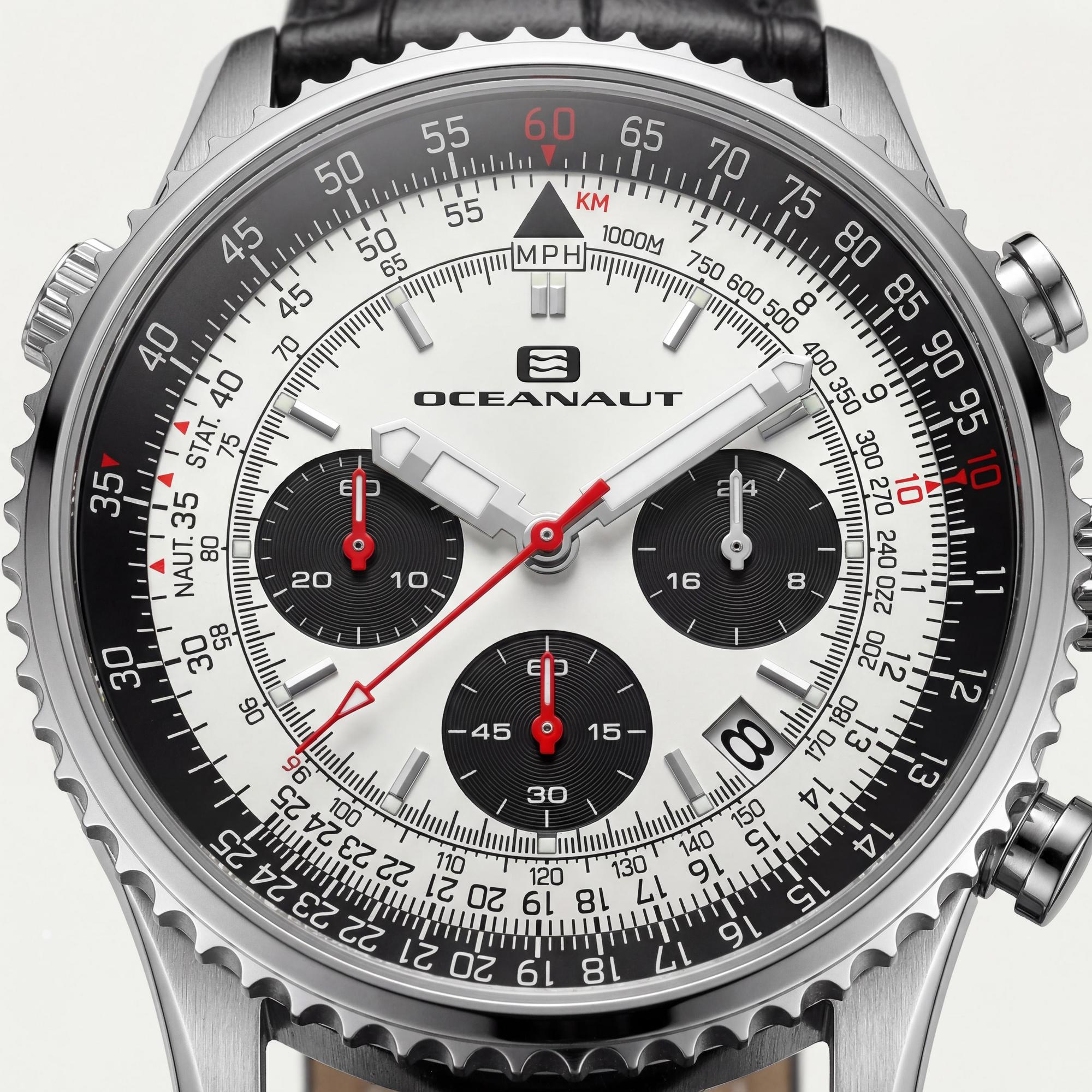 Reloj cronógrafo de cuarzo de acero inoxidable para hombre con correa Oceanaut, esfera plateada, correa de piel, resistente al agua 10 ATM, Photo 2