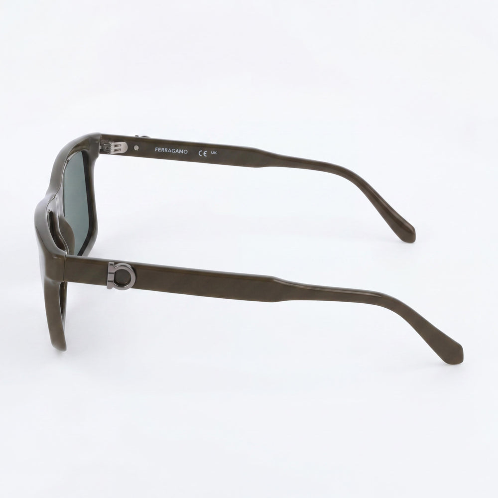 Ferragamo Sf2060se Unisex Dark Khaki Acetate Frame Sunglasses with Solid Green Plastic Lenses 55-17-145 UV 400 Protection