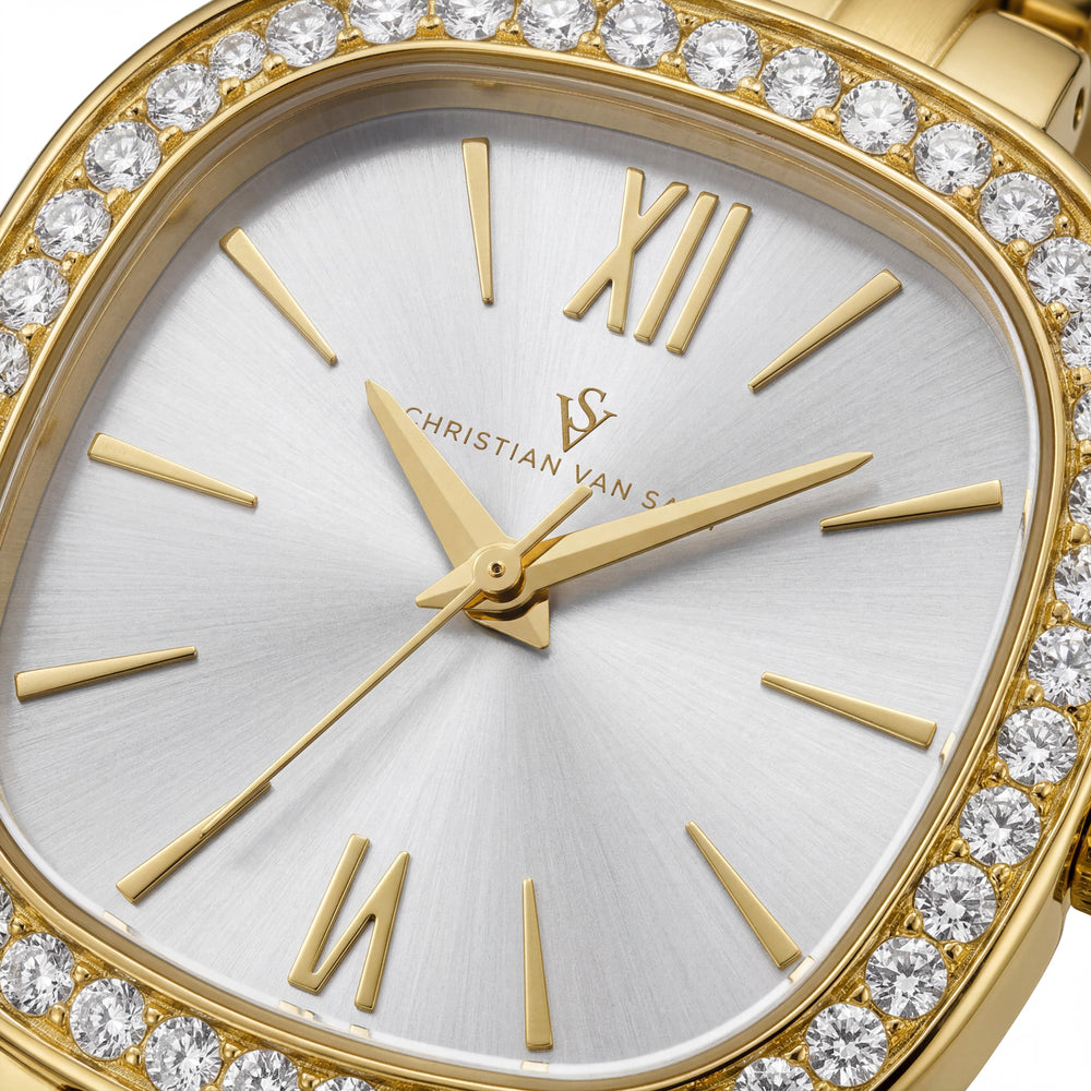 Christian Van Sant CV1266 Women's Gold-Tone Stainless Steel Square Case 24mm Quartz Watch with Silver Dial
