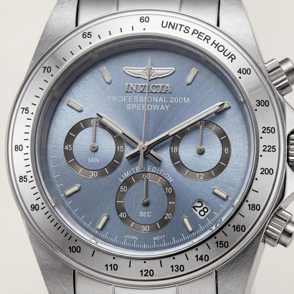 Reloj Invicta Speedway para hombre, de acero inoxidable plateado, cuarzo, luminoso, con bisel de cristal de fusión de llamas, marcado, 200 m de resistencia al agua, 39,5 mm