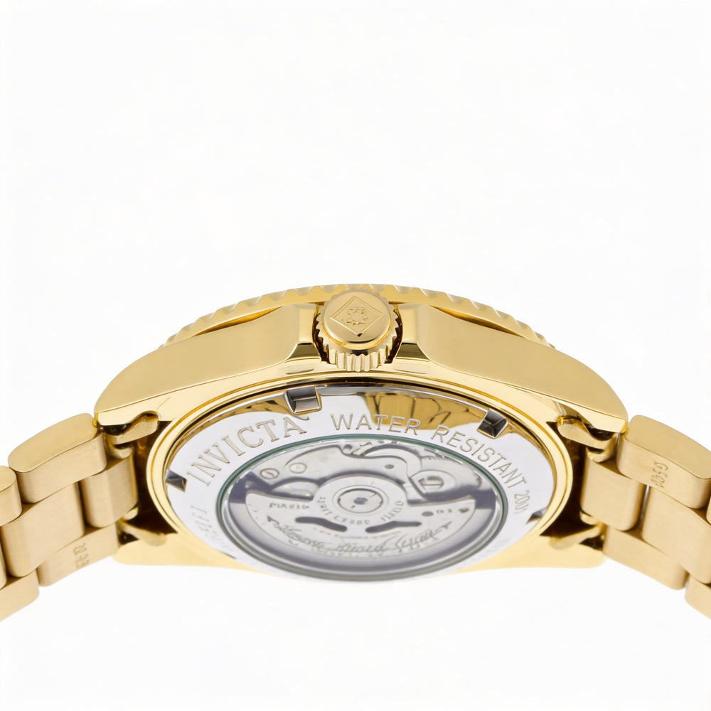 Reloj automático Invicta Pro Diver para hombre, de acero inoxidable y pulsera dorada, esfera azul, 40 mm, brilla en la oscuridad.