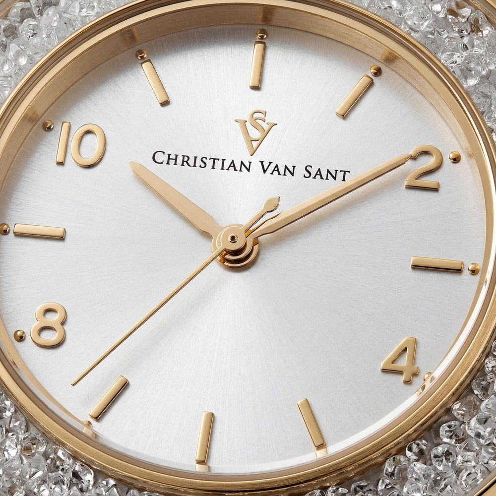 Reloj de cuarzo para mujer de Christian Van Sant con esfera plateada y función de visualización de fecha.