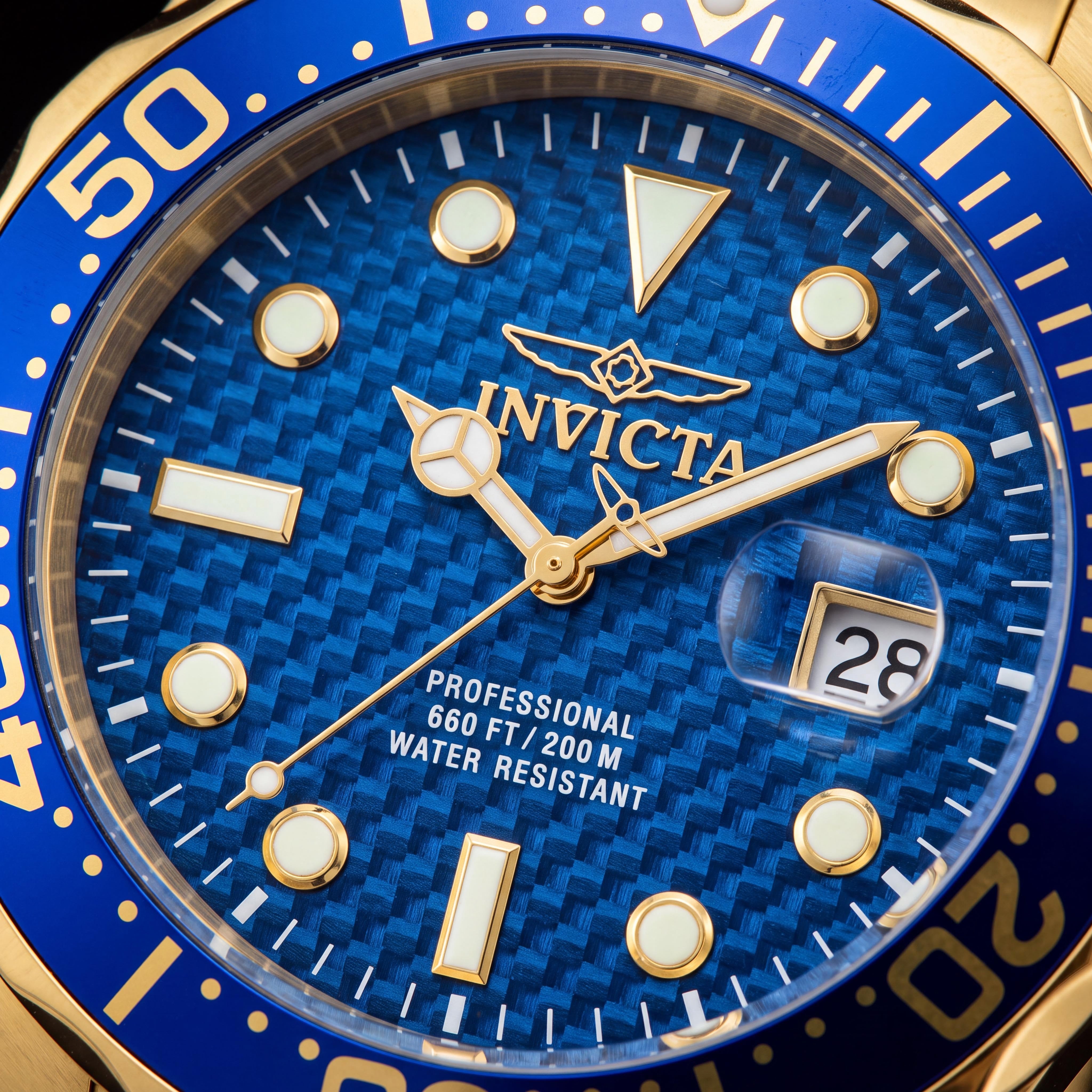 Invicta Men's Diver Quartz Movement Watch, Gold-Tone Stainless Steel, Blue Dial, 200m Water Resistant, Photo 2