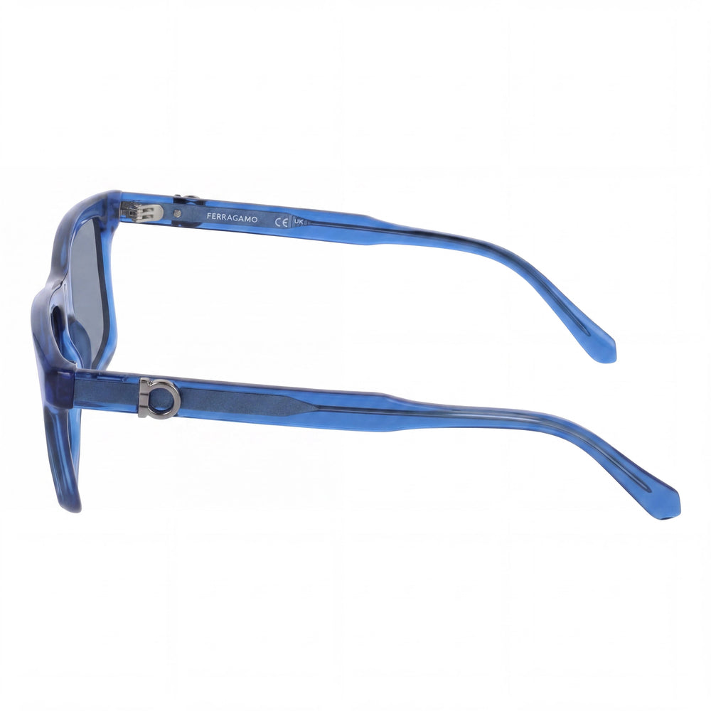 Gafas de sol rectangulares modernas Ferragamo para hombre con montura de acetato transparente azul oscuro, UV 400, 55 mm