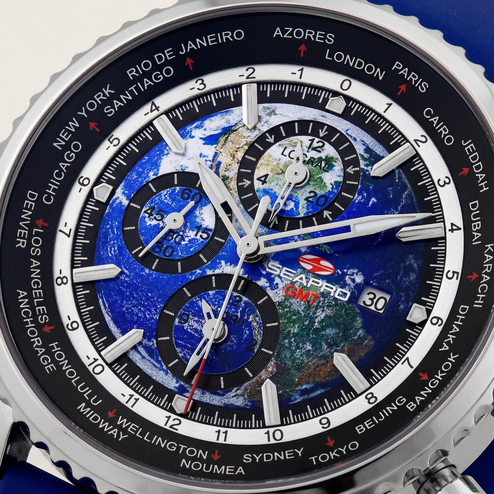 Reloj Seapro Modern de cuarzo para hombre, esfera azul, resistente al agua hasta 100 m, con temporizador mundial, GMT y despertador.