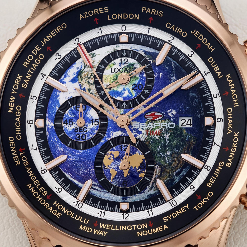 Reloj Seapro Modern de cuarzo para hombre, esfera azul, horario mundial, caja de acero inoxidable y correa de cuero, resistente al agua hasta 100 m.
