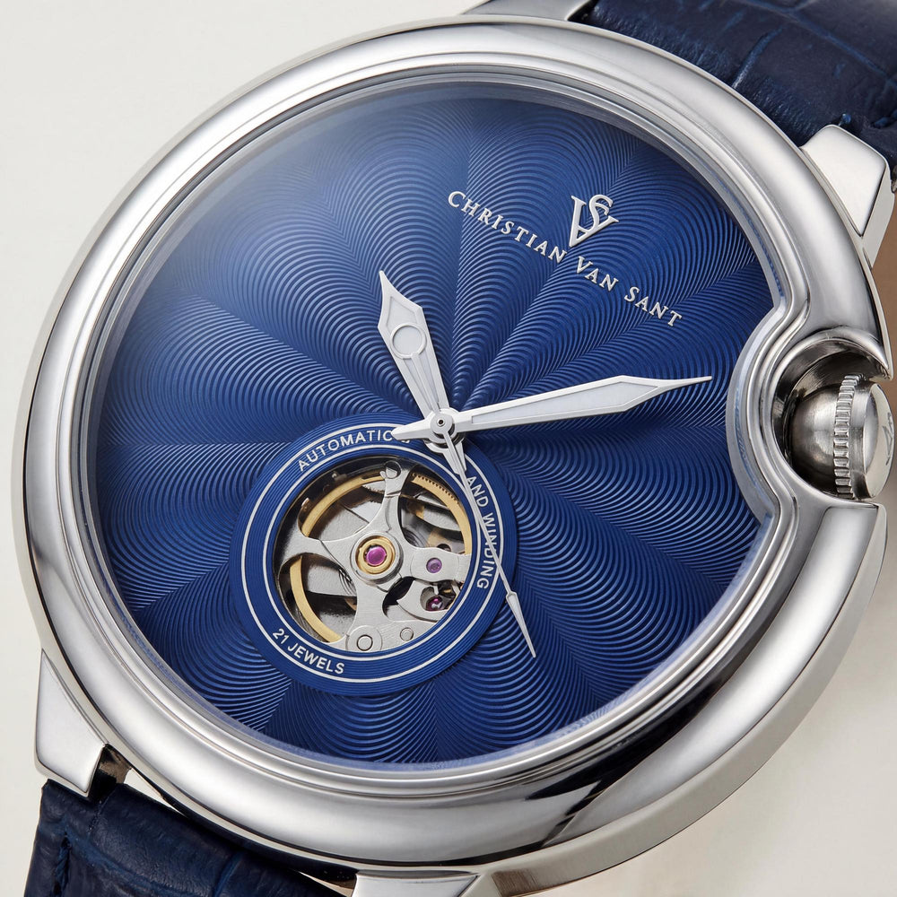 Christian Van Sant Cyclone Automatic Men's Blue Dial Stainless Steel Leather Strap 46mm Water Resistant 50m Watch