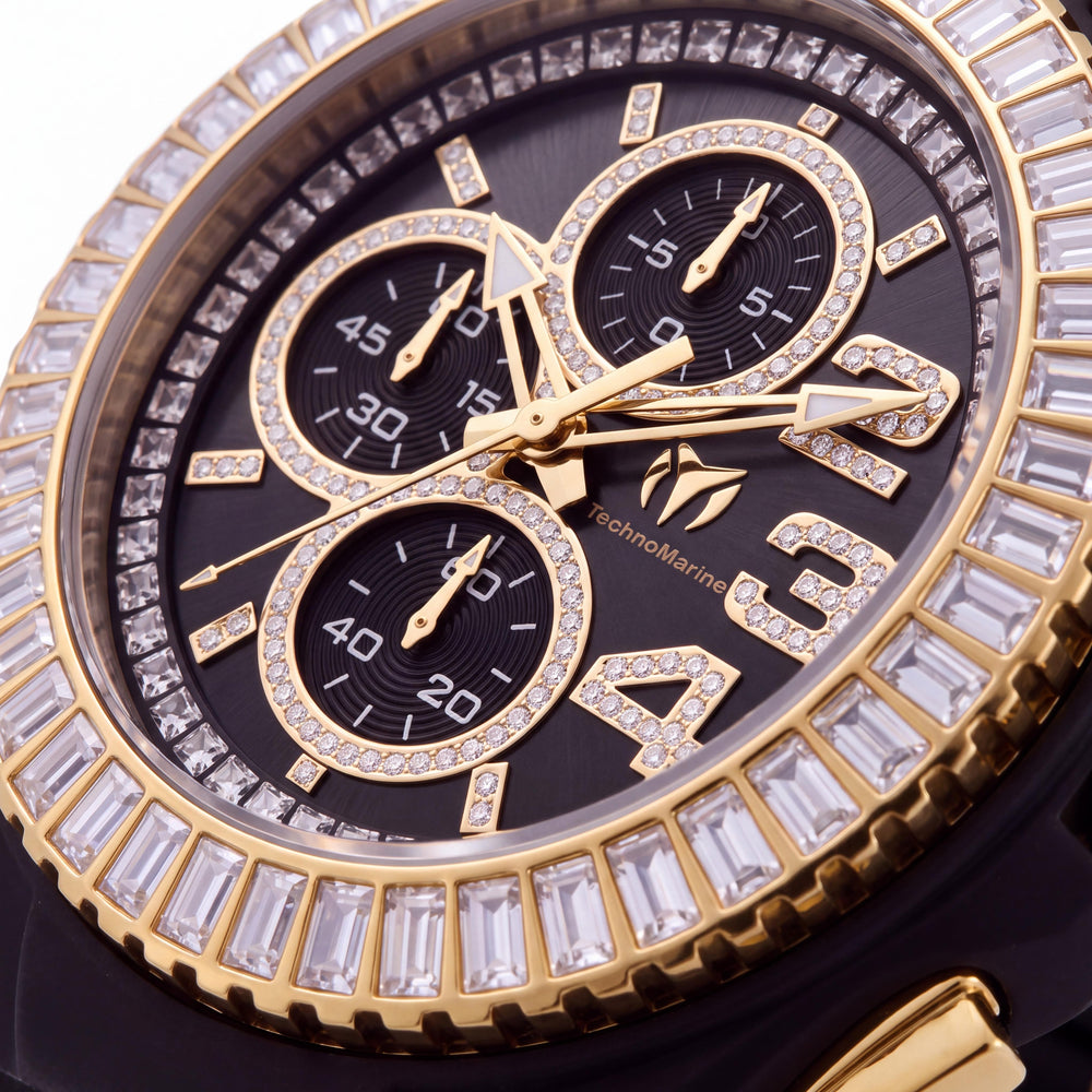 Technomarine TM-121187 Men's Chronograph Gold-tone Stainless Steel Black Silicone Band 45mm Quartz 200M Water Resistant Watch
