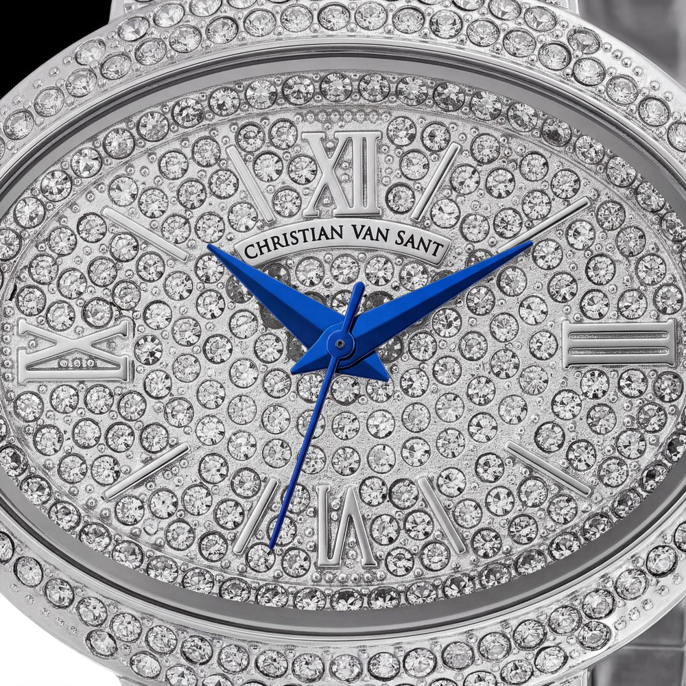 Reloj Christian Van Sant de cuarzo para mujer, correa de acero inoxidable plateada con cristales en el bisel