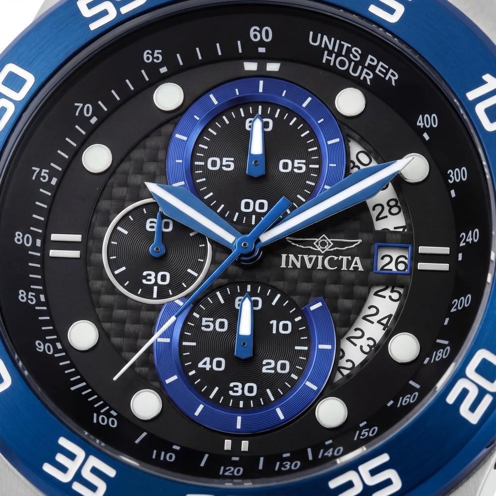 Reloj cronógrafo informal Invicta para hombre, caja de acero inoxidable plateada y azul de 51 mm, correa de poliuretano negra