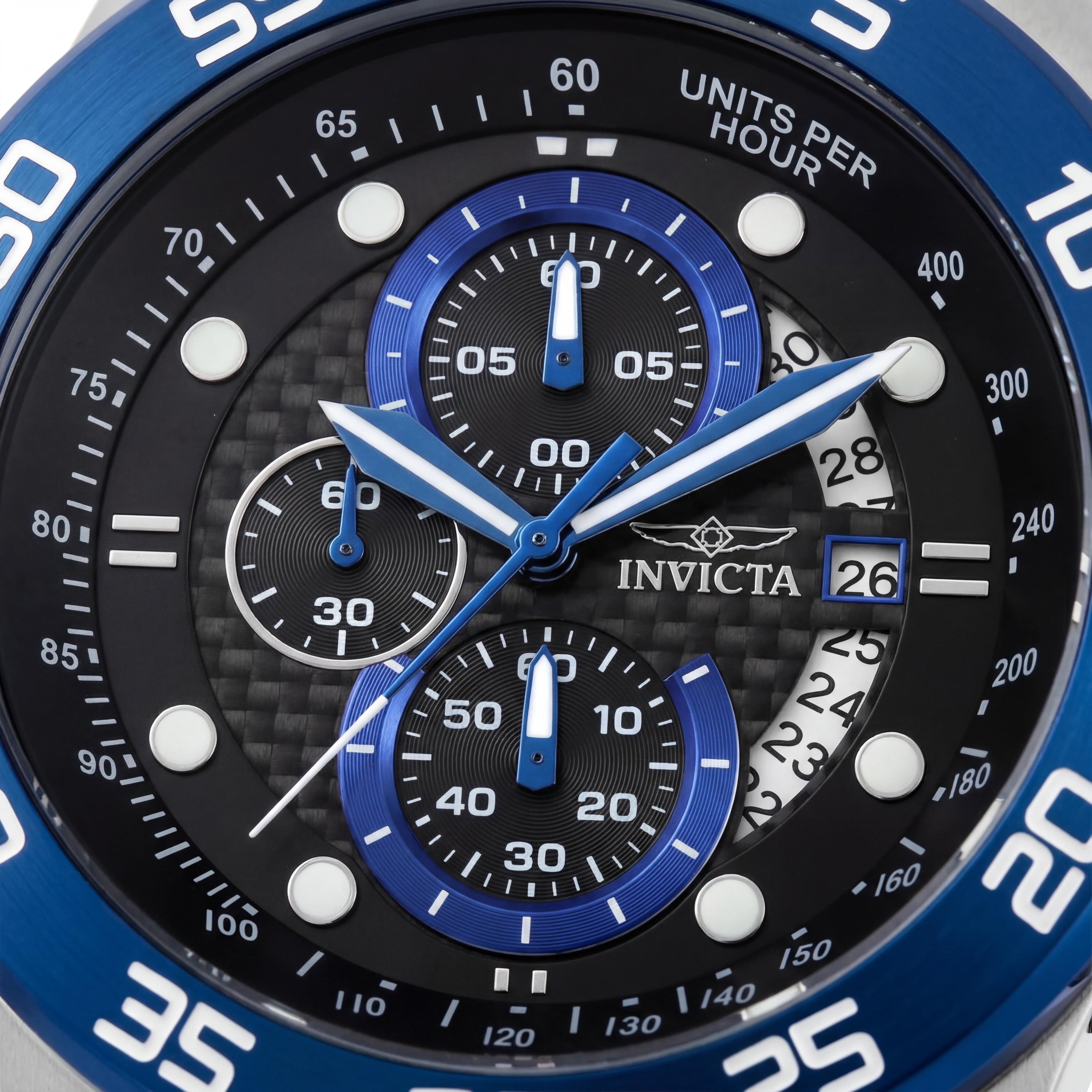 Reloj cronógrafo informal Invicta para hombre, caja de acero inoxidable plateada y azul de 51 mm, correa de poliuretano negra, Photo 2