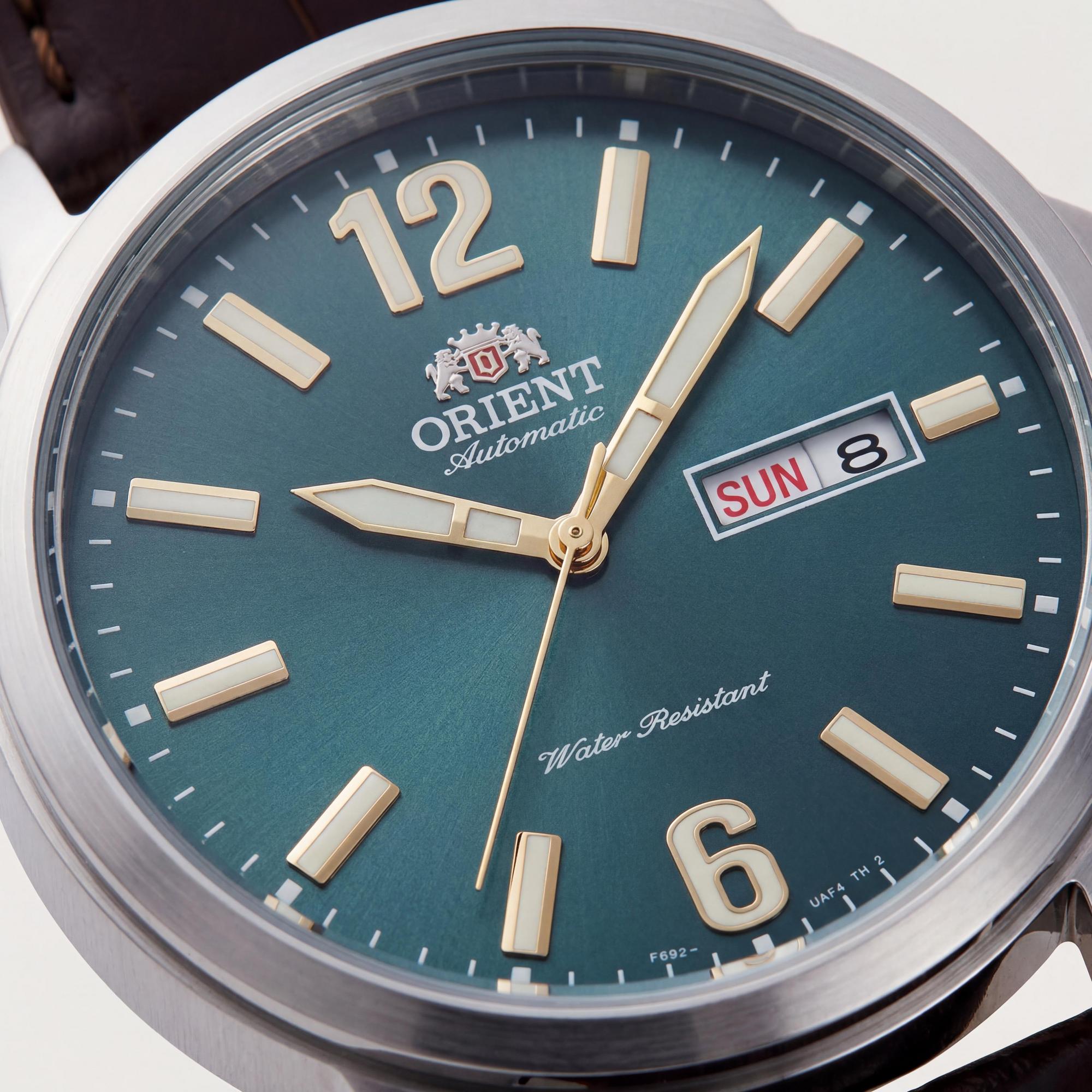 Reloj mecánico Orient Casual para hombre, esfera verde, caja de acero inoxidable, correa de cuero marrón, 42 mm, resistente al agua, Photo 2