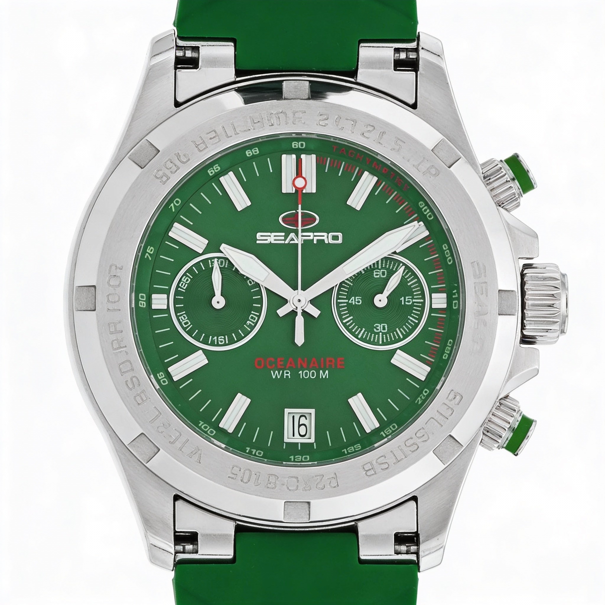Seapro Modern Men's Green Dial Stainless Steel Case Silicone Strap Water Resistant Quartz Movement Mineral Crystal Watch, Photo 2