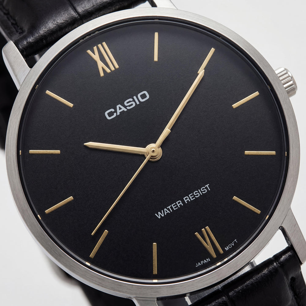Reloj analógico de cuarzo Casio para hombre, esfera negra, correa de cuero, resistente al agua, caja de acero inoxidable de 46 mm