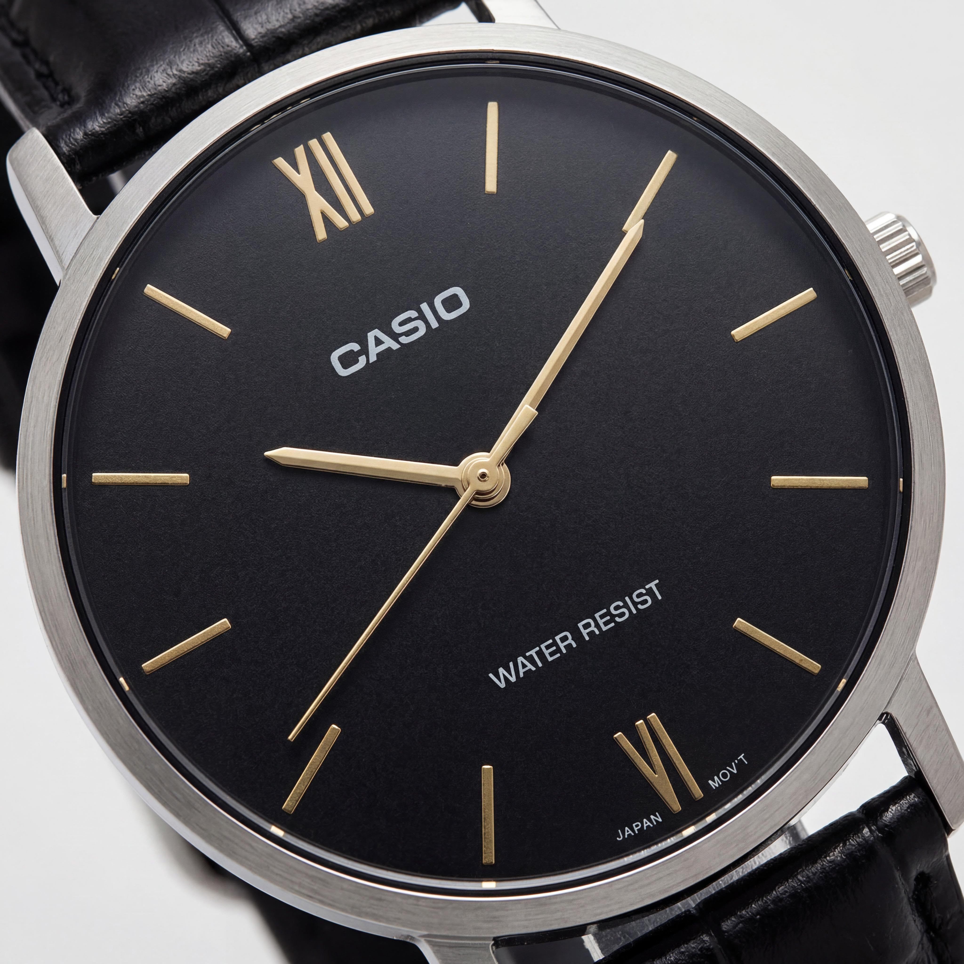 Casio Men's Analog Quartz Watch, Black Dial, Leather Strap, Water Resistant, 46mm Stainless Steel Case, Photo 2