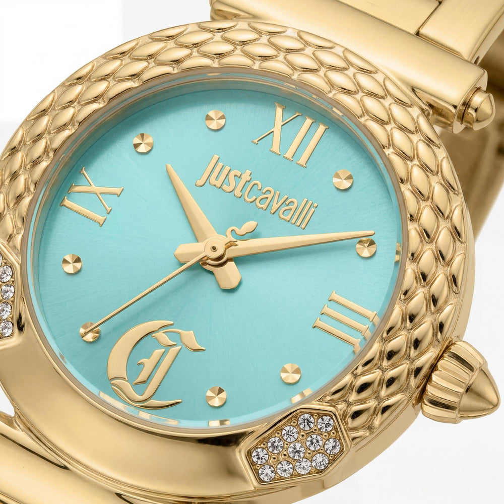 Reloj Just Cavalli Fashion para mujer, acero inoxidable, oro amarillo, esfera turquesa, resistente al agua, 30 mm