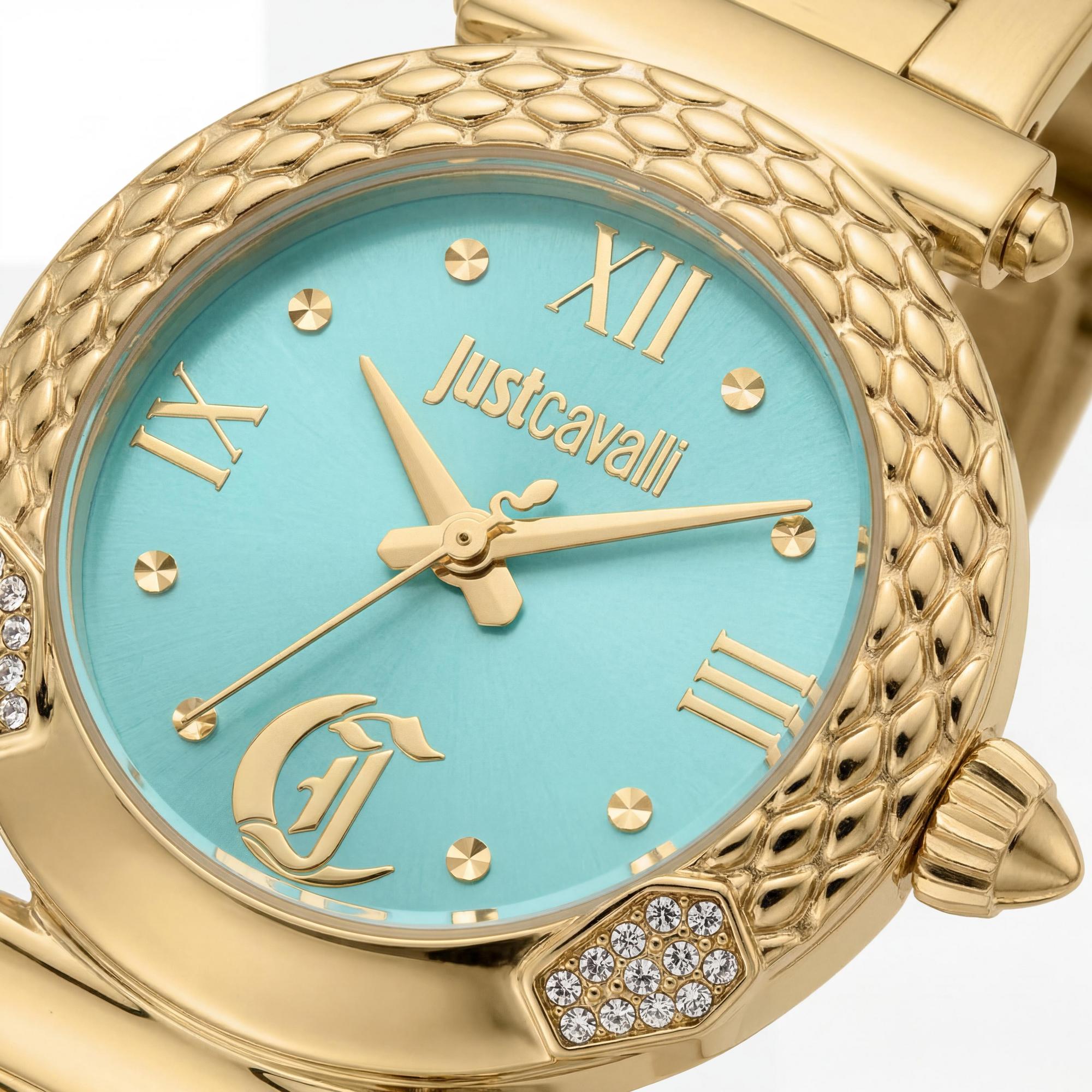 Reloj Just Cavalli Fashion para mujer, acero inoxidable, oro amarillo, esfera turquesa, resistente al agua, 30 mm, Photo 2