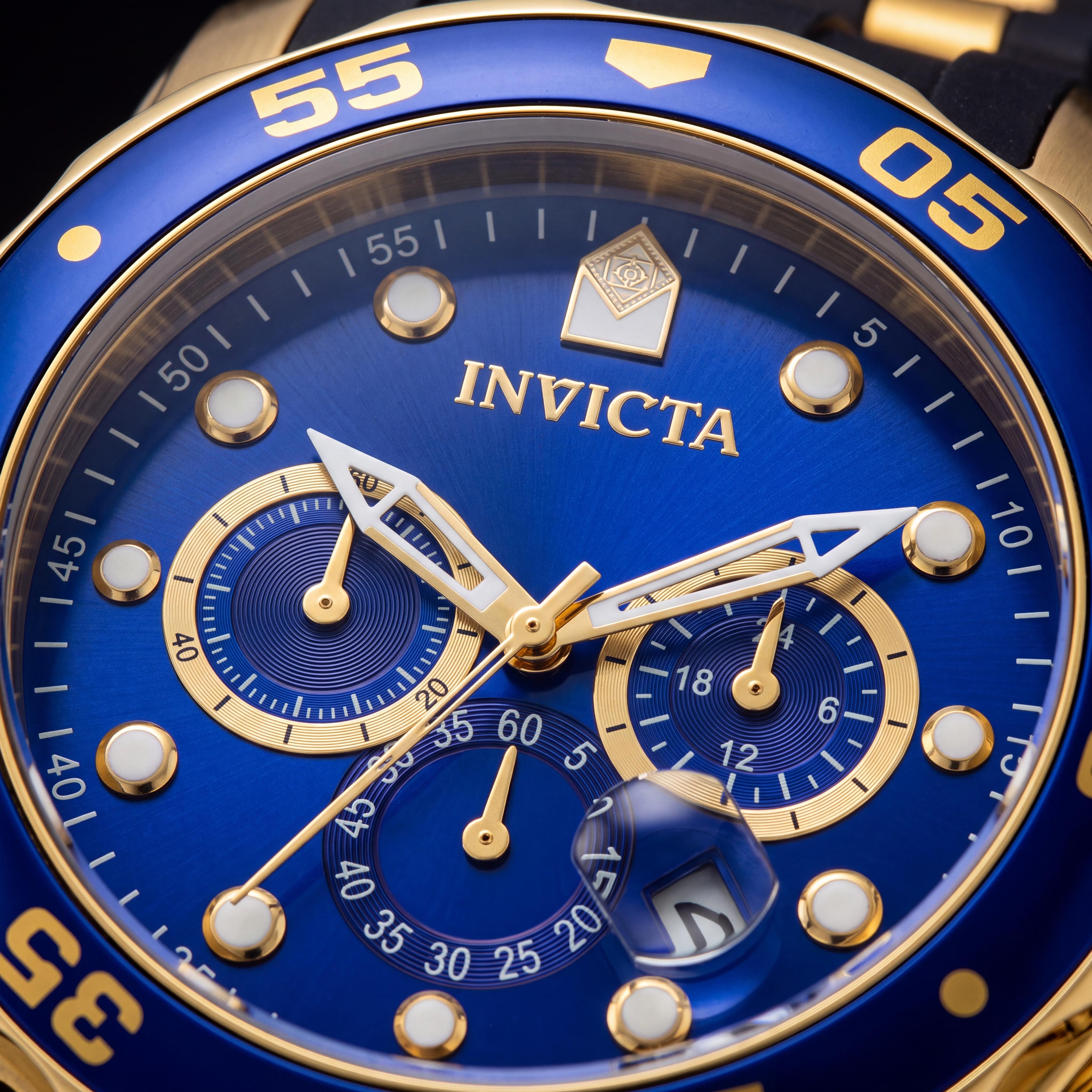 Invicta Pro Diver Men's Chronograph 18k Gold Ion-Plated Stainless Steel Black Polyurethane Strap Blue Dial Watch 49mm, Photo 2