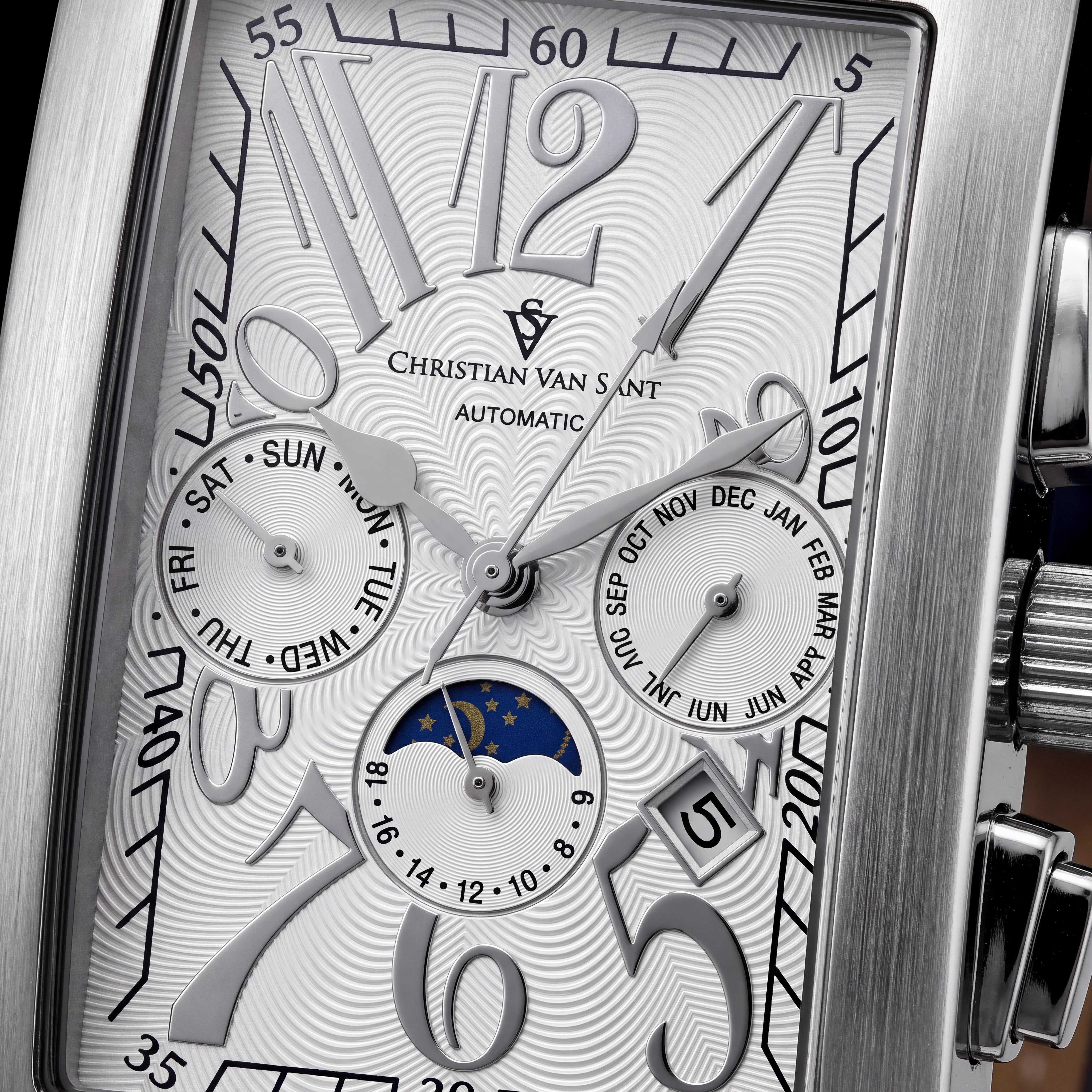 Christian Van Sant Fashion Men's Stainless Steel Automatic Multi-Function Date Moonphase White Dial Leather Strap Watch, Photo 2