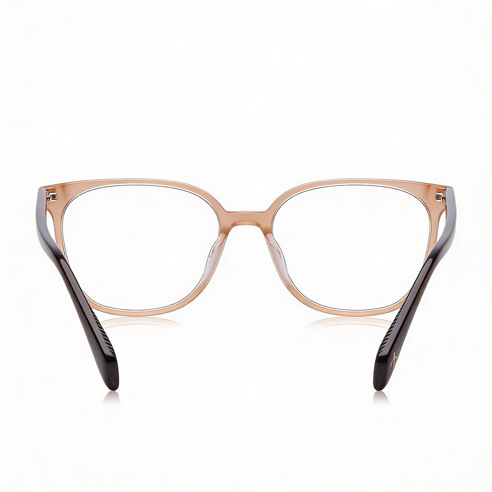 Gafas modernas para mujer Rag & Bone con montura de acetato marrón y lentes de policarbonato de 52 mm de ancho.
