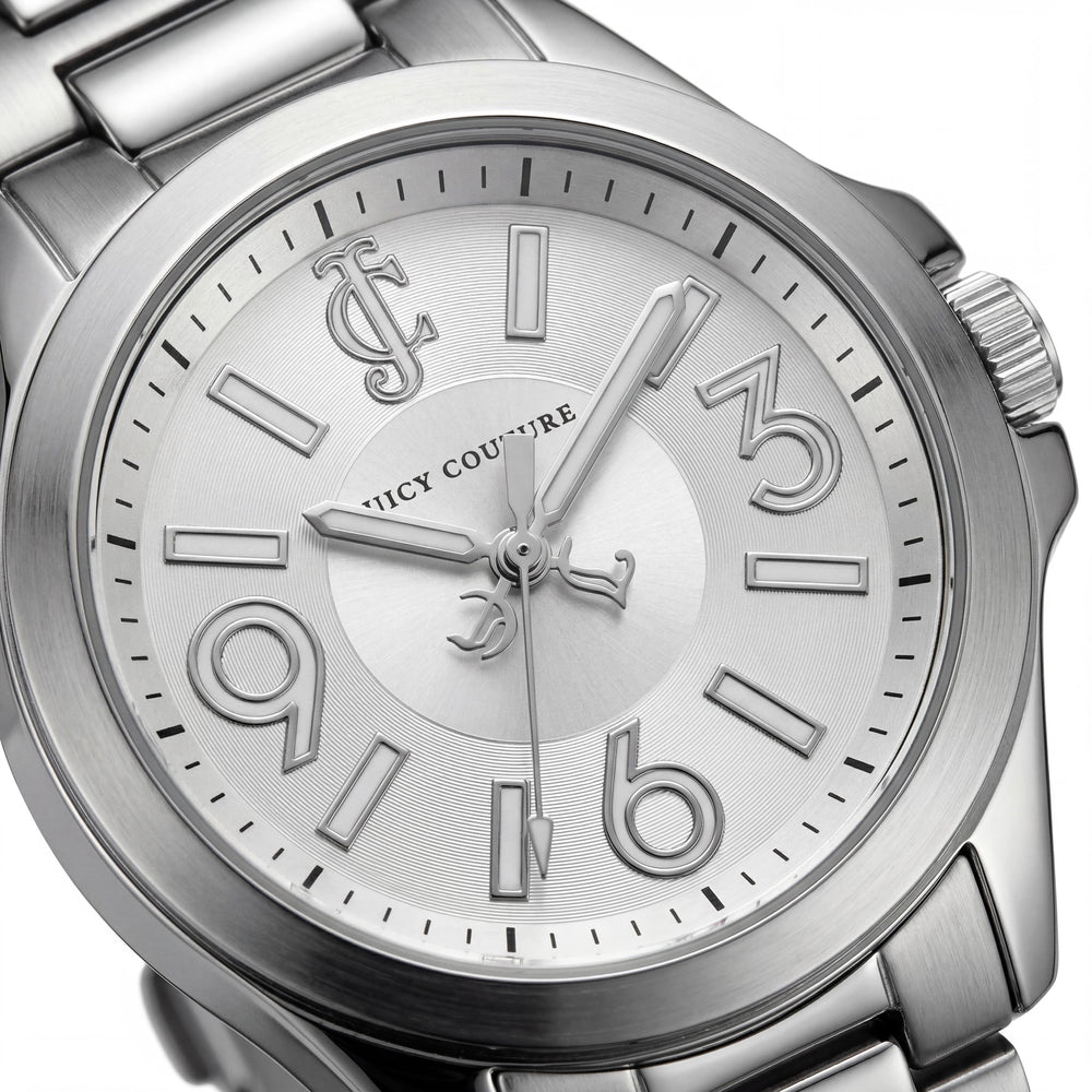 Reloj de cuarzo de acero inoxidable plateado Juicy Couture Jetsetter para mujer con bisel de cristal de Swarovski, 38 mm