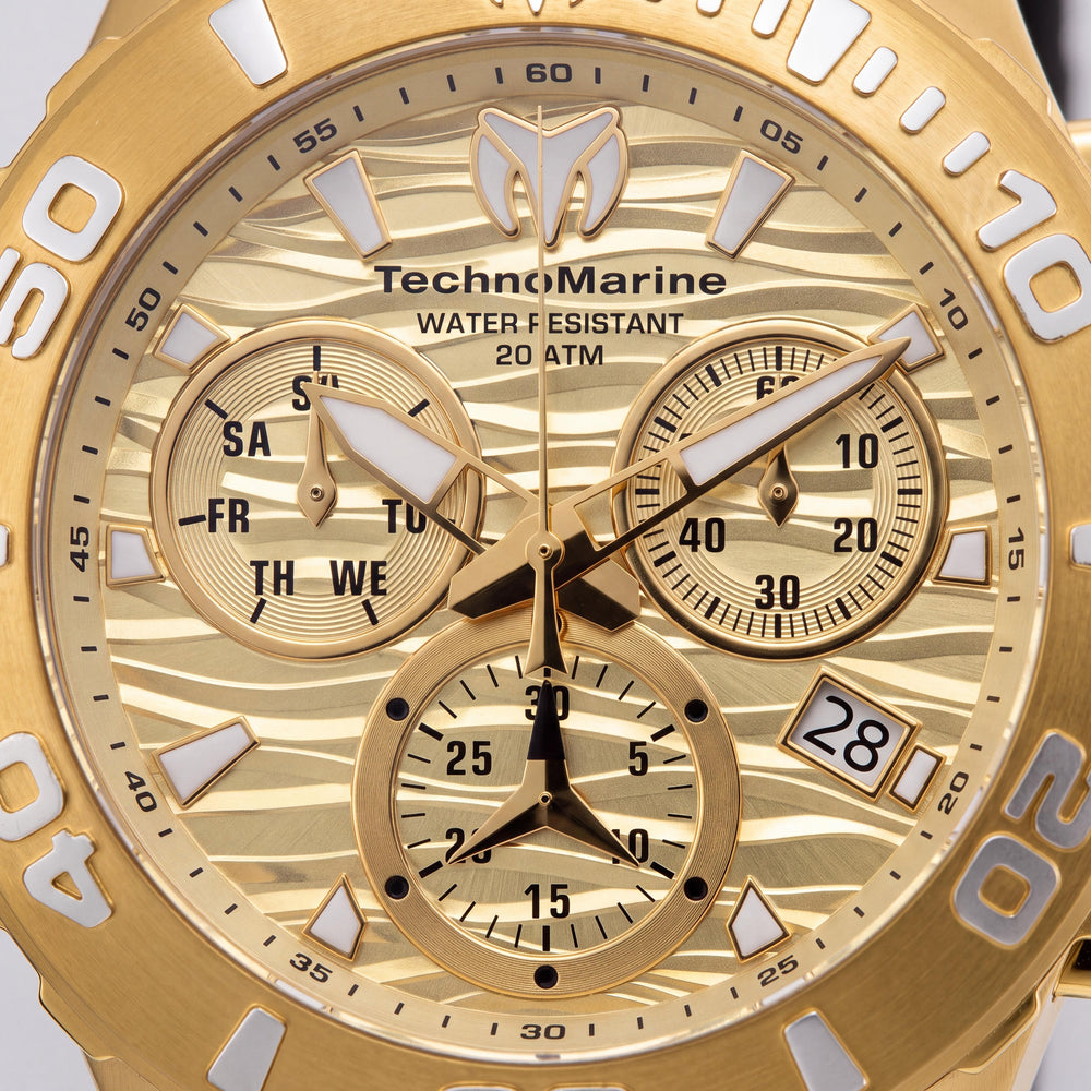 Technomarine Cruise TM-115079 Reloj cronógrafo de cuarzo para hombre de acero inoxidable dorado de 44 mm, resistente al agua 200 m