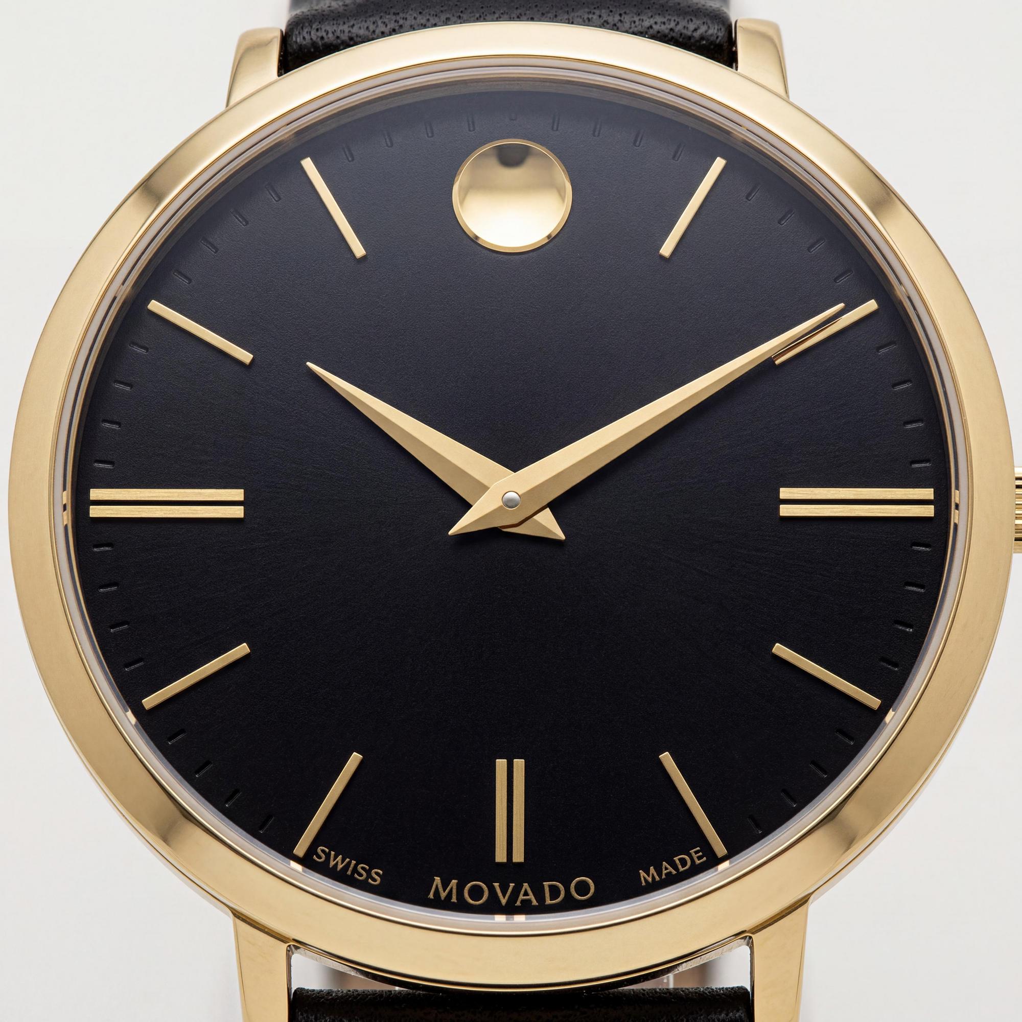 Reloj de cuarzo Movado para mujer con correa de cuero, caja de acero inoxidable y esfera negra, resistente a los arañazos, resistente al agua 3 ATM, Photo 2
