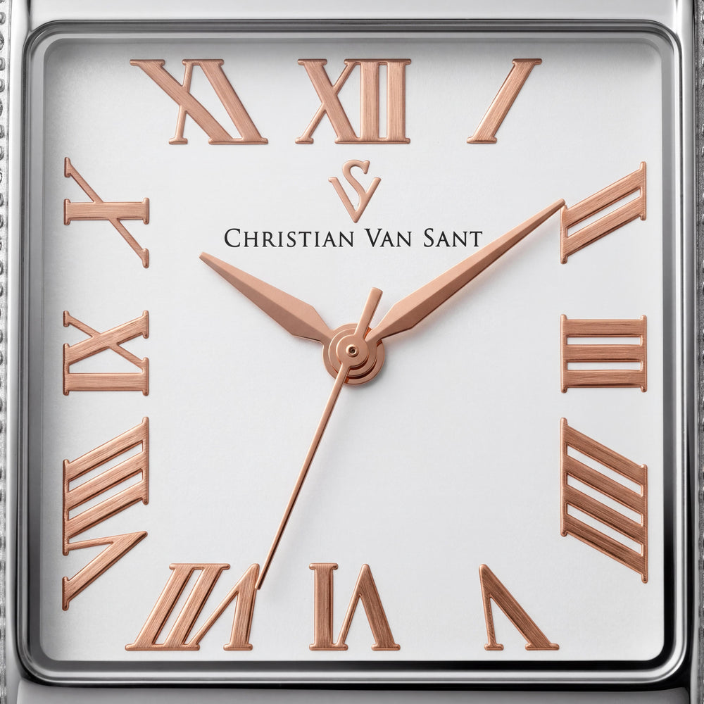Reloj de cuarzo Christian Van Sant CV1289 para mujer con caja cuadrada de acero inoxidable de dos tonos, esfera blanca de 20 mm