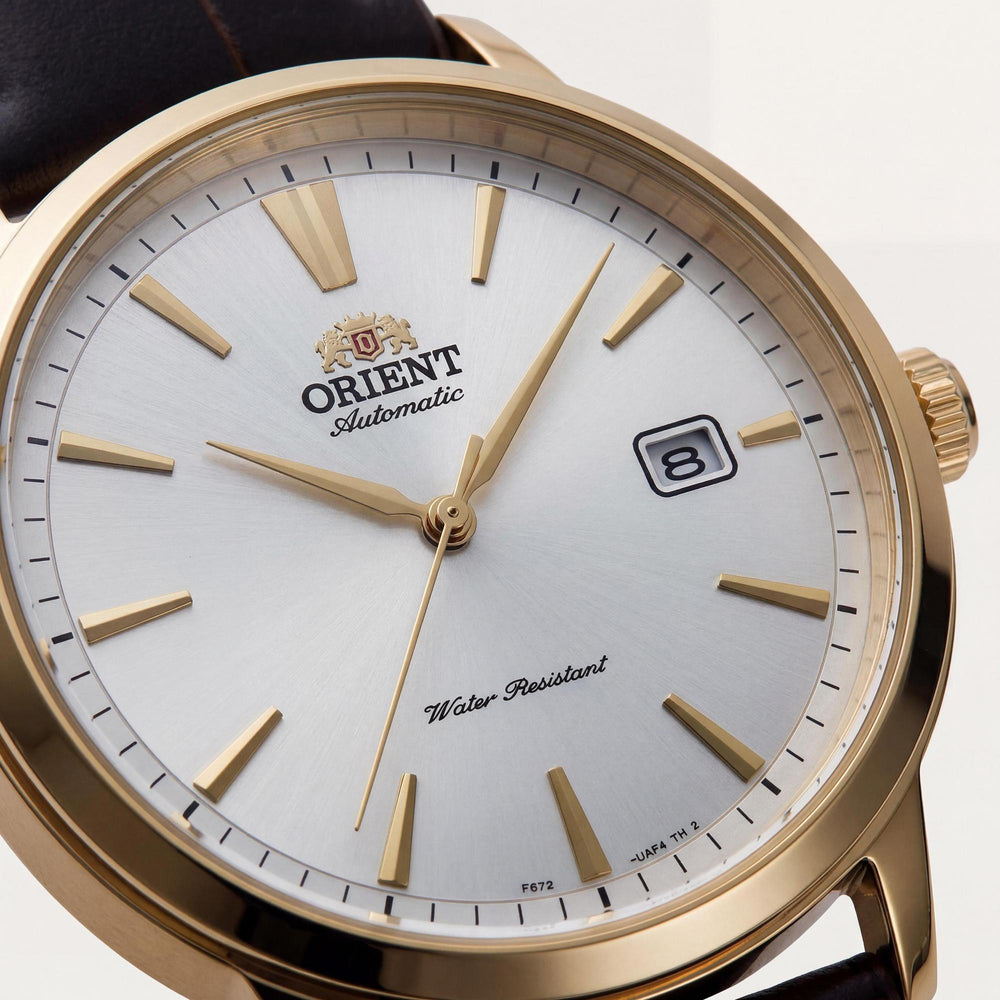 Orient Symphony III Men's Casual Watch with Gold Stainless Steel Case, Light Grey Dial, Chocolate Brown Leather Strap, 42mm